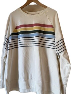 L.L. Bean Cream Crewneck Sweater with Multicolor Stripe Yoke